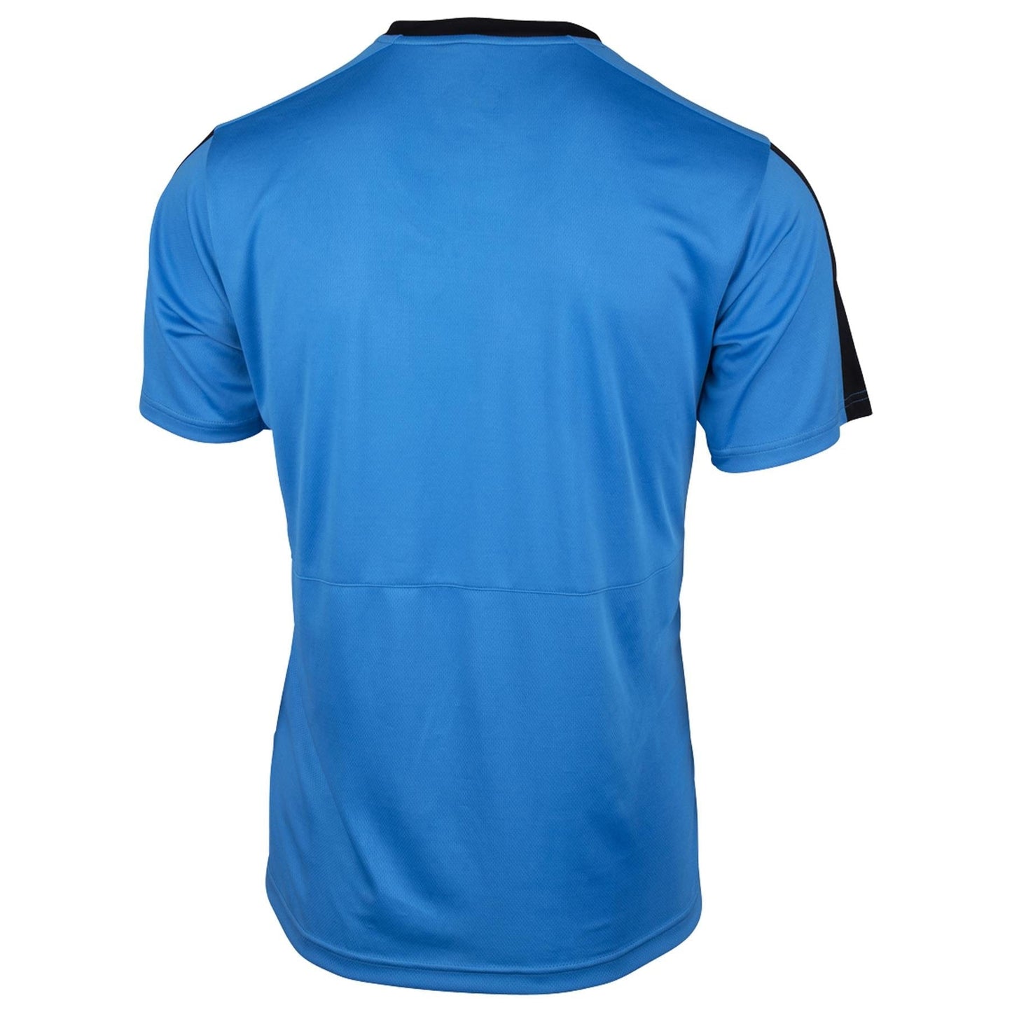 The Yonex YTM3 Men's Tennis T-Shirt in Navy showcases a minimalist design from the back, crafted from breathable polyester and accented with black on the shoulders and sleeves, free of any visible logos or designs.
