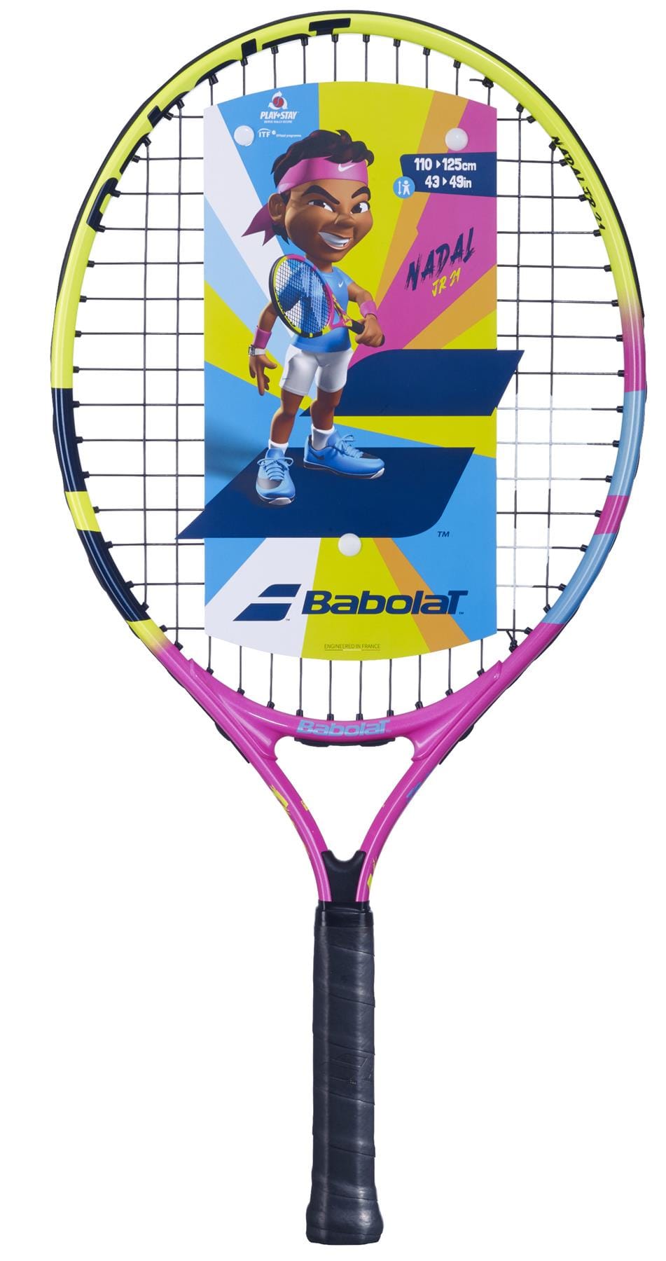 The Babolat Nadal Junior 21 Tennis Racket in pink and yellow features vibrant colors and a cartoon tennis player graphic on the string bed, with "Nadal" text. This lightweight racket has an open string pattern, making it ideal for aspiring young champions.