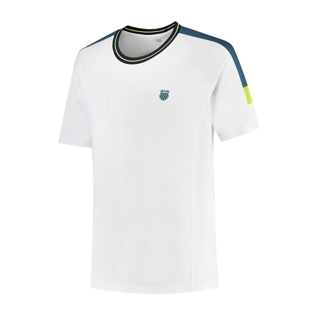 The K-Swiss Hypercourt Melange 2 Men's Tennis T-Shirt in white exhibits a high-performance design with black collar detailing and dark green stripes on the shoulders. Crafted from breathable polyester, it is finished with a subtle logo on the left chest for a sleek appearance.