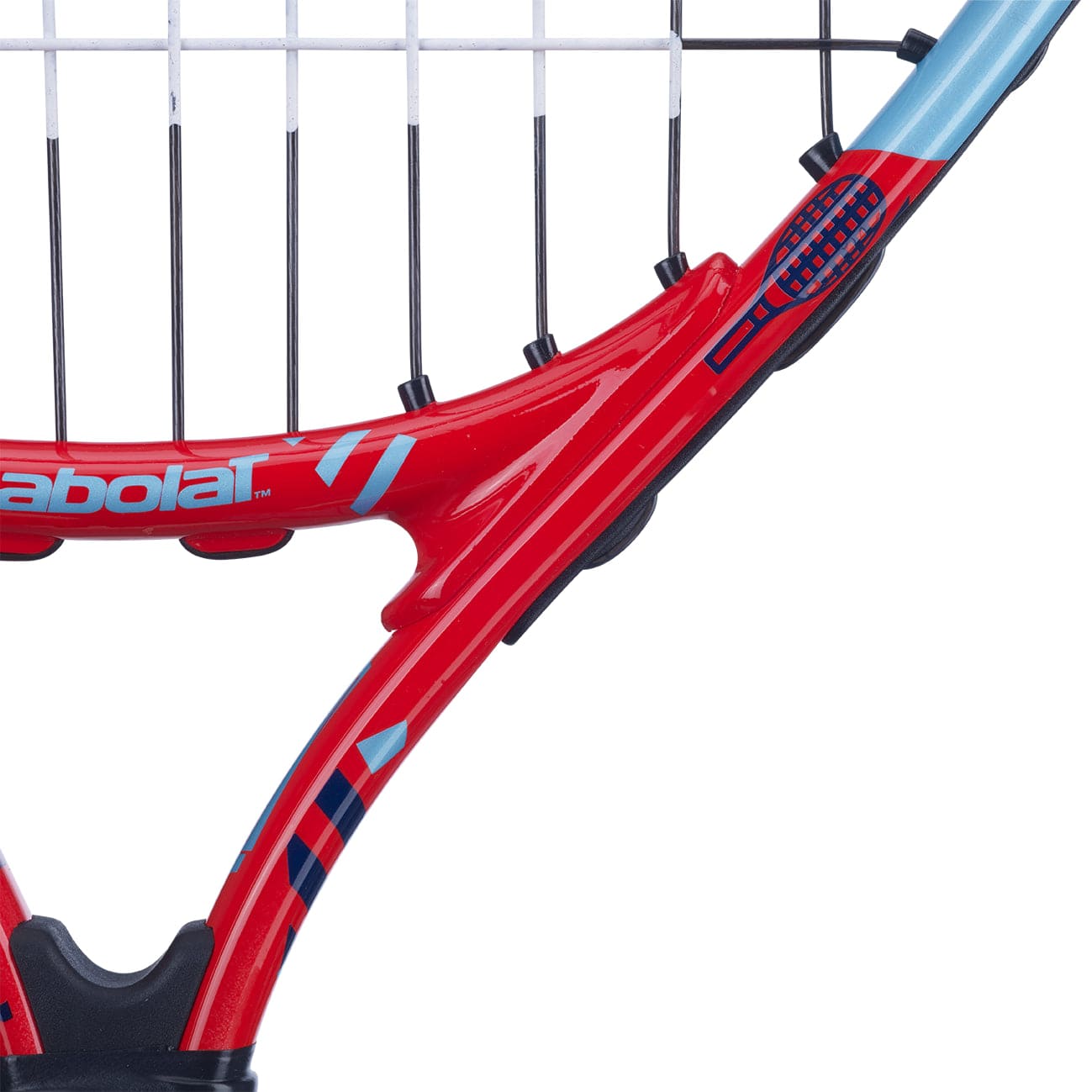 Close-up of a red and blue Babolat BallFighter 19 Junior Tennis Racket, perfect for young players. The racket features white and blue accents on the strings and frame, with the "Babolat" logo displayed on the side. Designed for beginners, it includes a specialized teaching grip, with both the throat and handle partially visible.