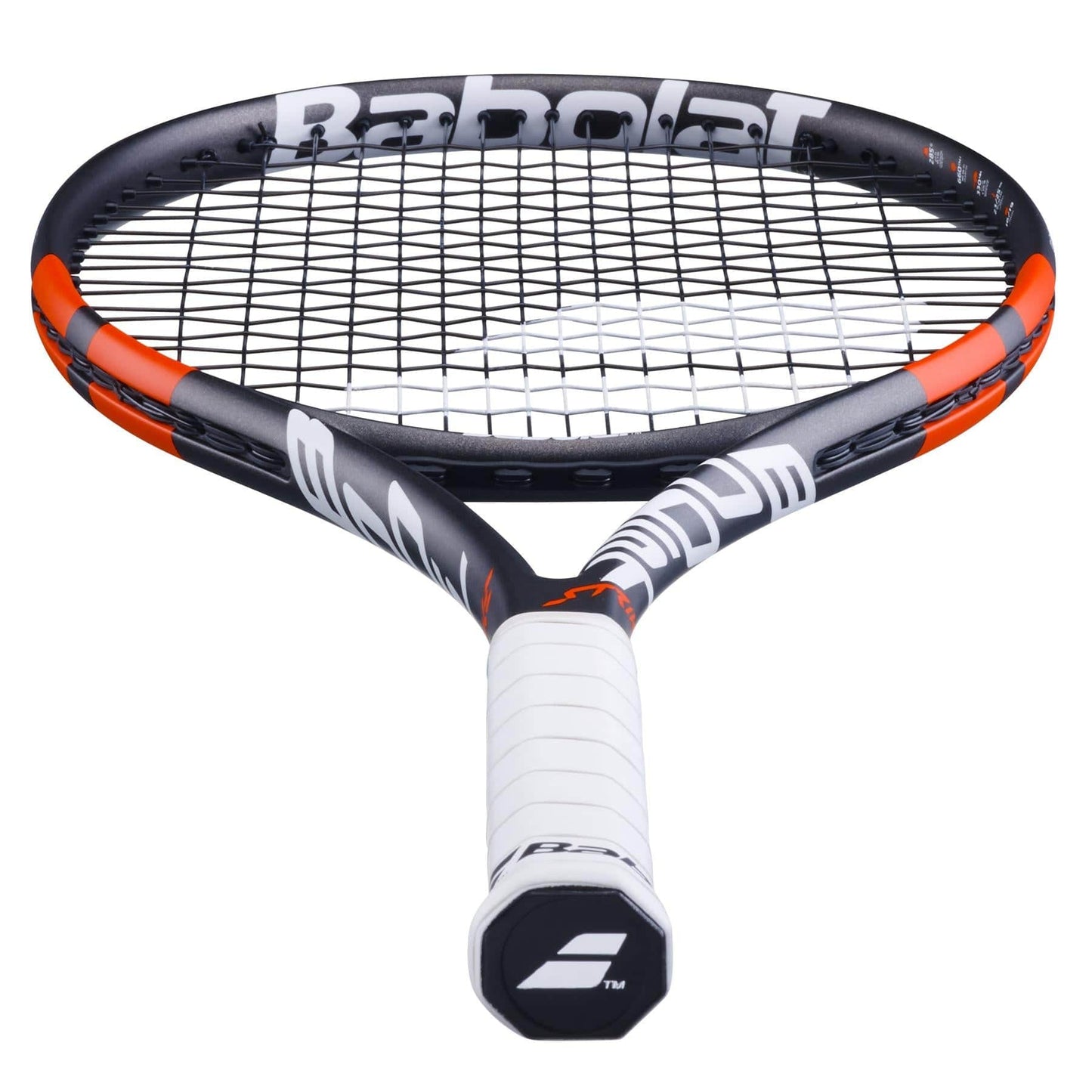 The image showcases a Babolat Boost Strike 2024 tennis racket with a sleek grey and red design. The face displays tightly interwoven strings for maximum power, while the handle is wrapped in white grip tape. The iconic Babolat logo adorns the base of the handle.