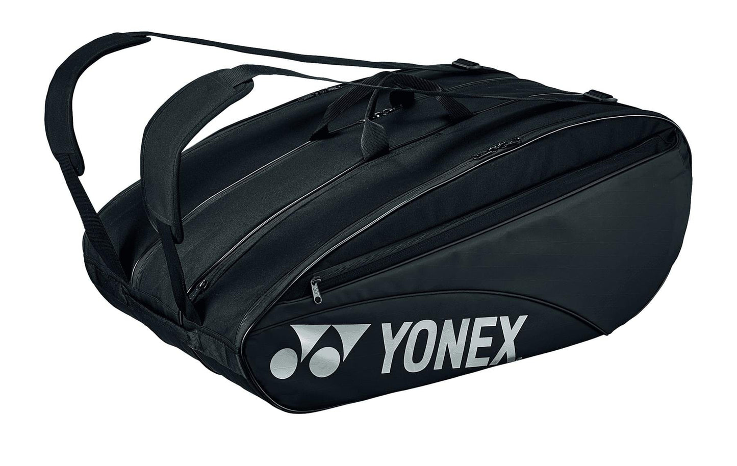 The Yonex 423212EX Team 12 Racket Tennis Bag in black is featured, showcasing a dedicated shoe compartment and multiple gear sections. It has two shoulder straps for easy transport, with the Yonex logo prominently displayed in white on the side.