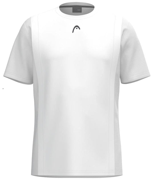 The HEAD Club Tech 25 Men's Tennis T-Shirt in white is an athletic tee with short sleeves, a dark chest logo, and subtle side panel detailing. Its Moisture Transfer Microfiber offers a sleek, breathable design ideal for sports or casual wear.