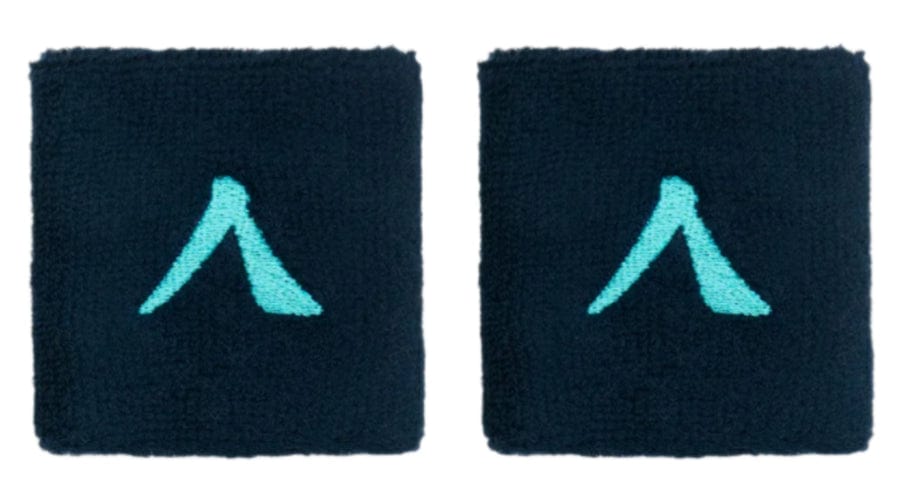 On a white background, two navy Kanso 7cm wristbands from the Kanso brand's 2 Pack feature an abstract blue Kanso logo at the center, crafted from absorbent fabric.