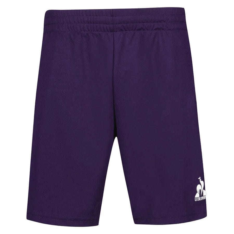The Le Coq Sportif Pro Men's Tennis Shorts in Purple Velvet are crafted for optimal movement, featuring an elastic waistband. A stylized rooster logo accompanied by the "Le Coq Sportif" text is elegantly printed in white on the lower left side. Made from breathable material, these shorts are perfect for active pursuits.