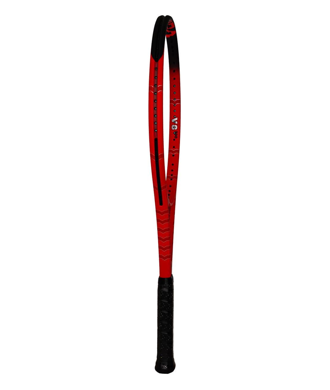 The Volkl Vostra V8 300g Tennis Racket, in a stylish red and black design with a black grip, incorporates advanced technology and is displayed upright against a white background.