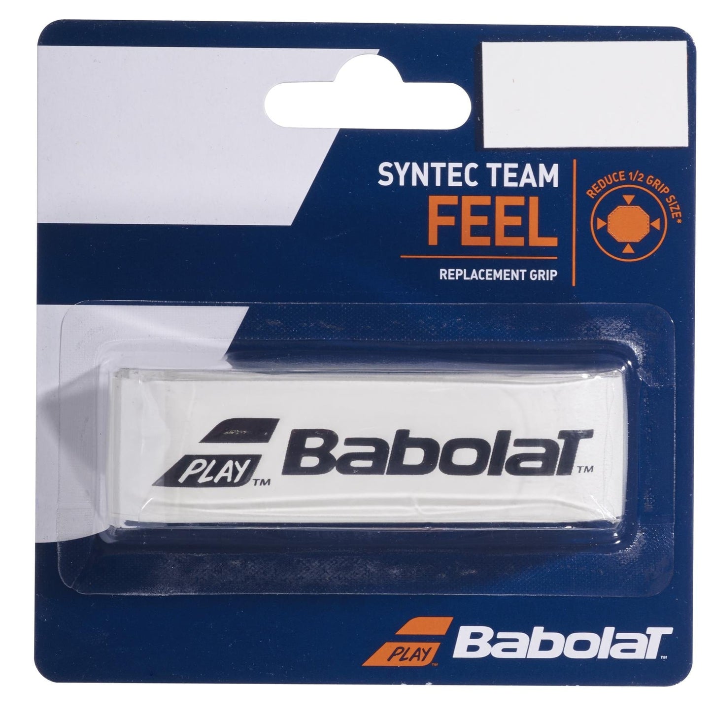 The Babolat Syntec Team X1 Replacement Tennis Grip - White comes in a package that mainly showcases a blue design, with a white area highlighting the Babolat logo and essential product information. An orange circular icon emphasizes its reduced grip size, which improves racket feedback thanks to the innovative Syntec Team X1 design.