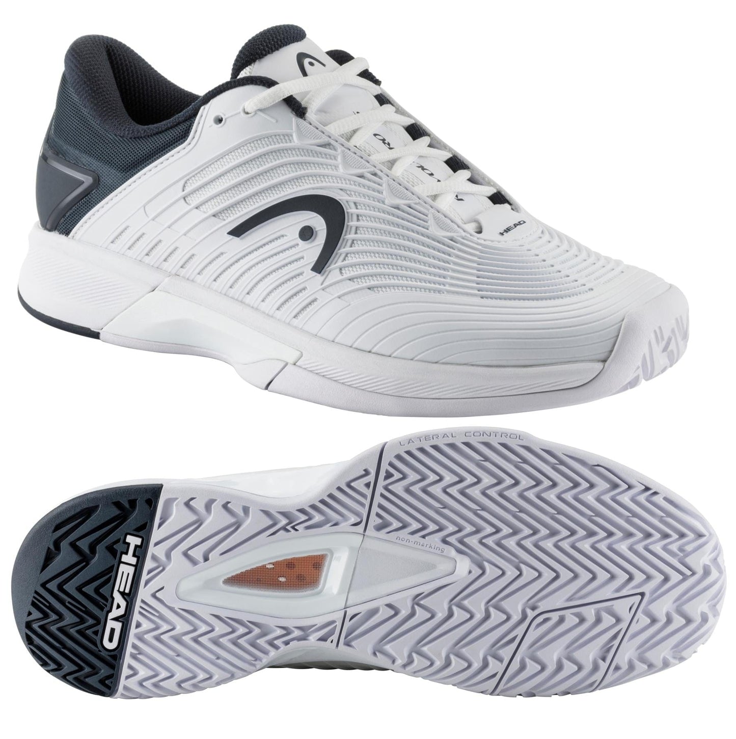 The HEAD Revolt Pro 4.5 Men's Tennis Shoes in White and Blueberry are a pair of athletic shoes featuring a textured sole and branded logo. With a lace-up design, padded collar, and zigzag outsole pattern to ensure enhanced grip, they also include an innovative lockdown strap that provides an additional layer of support for active users.
