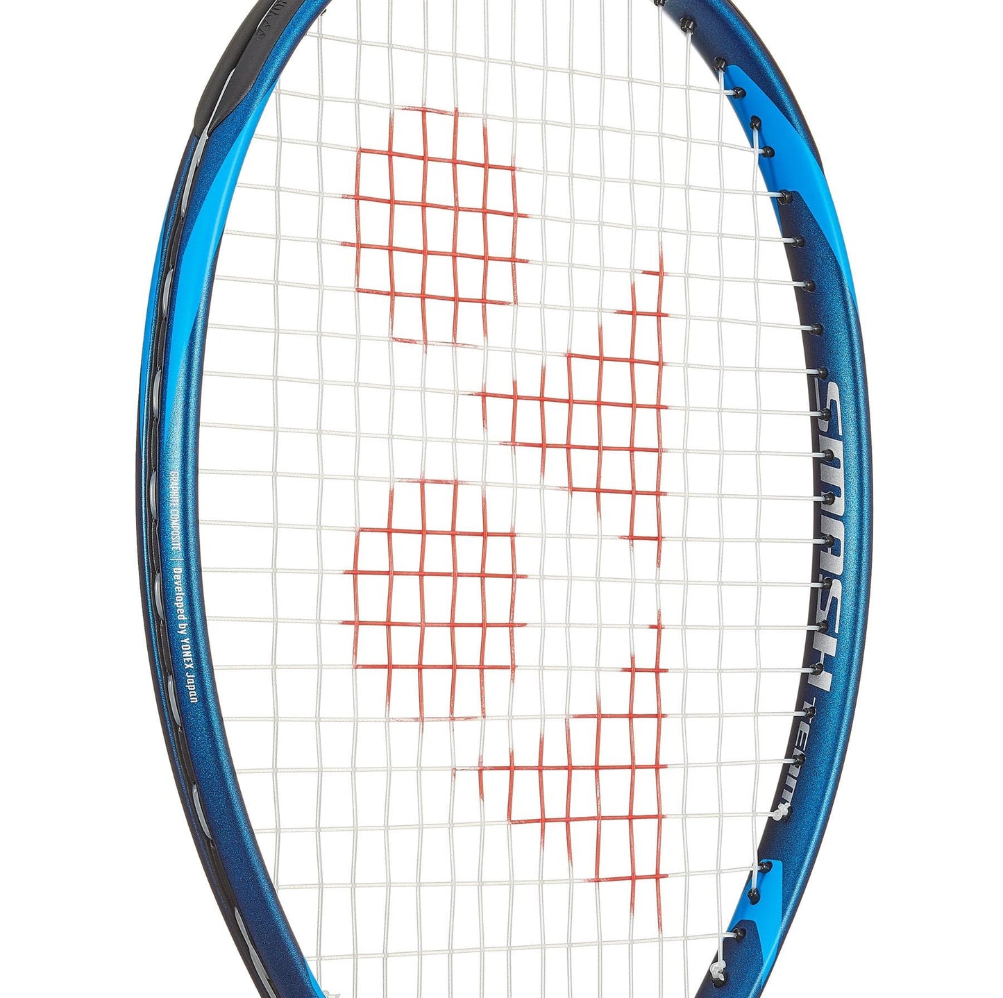 A close-up of the Yonex Smash Team Tennis Racket - Deep Blue highlights its blue design adorned with red triangles on the string bed. Incorporating ISOMETRIC™ technology, this user-friendly racket displays the word "SMASH" printed on its frame.