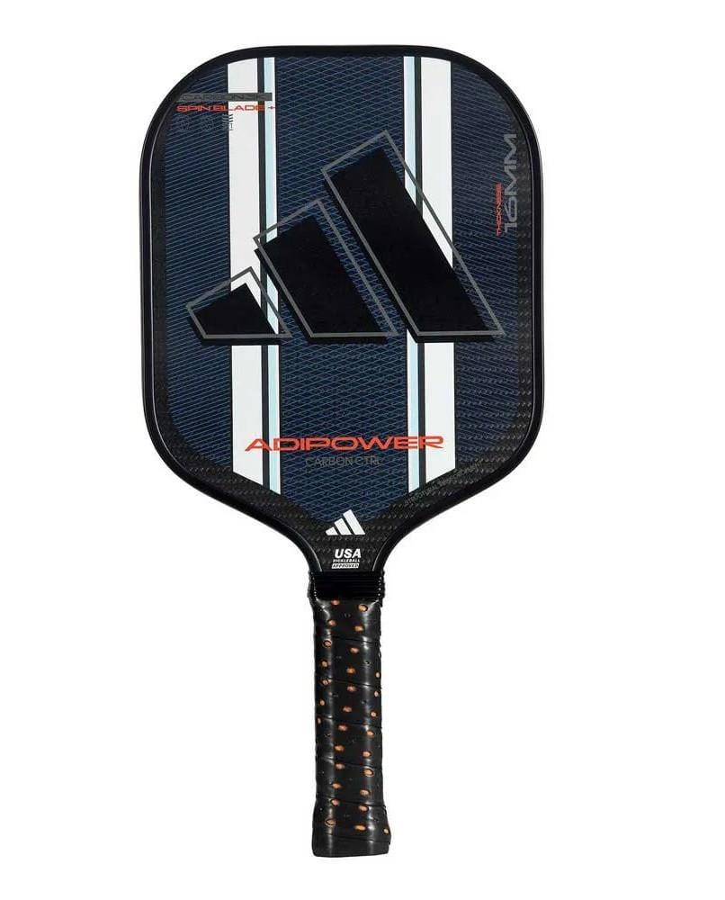 The adidas Adipower Carbon CTRL 3.3 Pickleball Paddle in black and blue features a large adidas logo, sleek white and blue stripes, and a black grip with orange accents—perfect for advanced players seeking top-level performance.