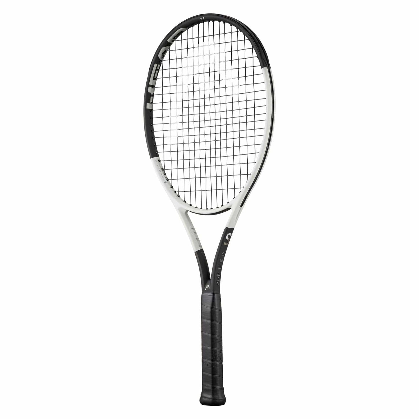 The HEAD Speed MP 2024 Tennis Racket in white and black showcases a stylish frame incorporating Auxetic technology and Graphene Inside. Complemented by a black grip and strings, it features branded text along the frame that accentuates its contemporary design.