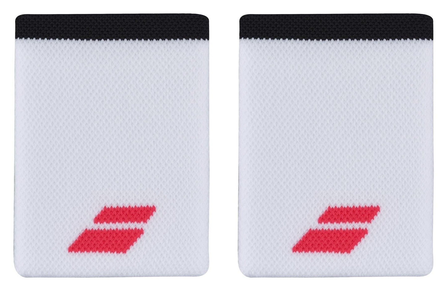 The Babolat Jumbo Logo Wristband in White and Strike Red includes two white wristbands, each adorned with a small red double-chevron logo near the bottom. The top edge is accentuated with a black trim. Made from absorbent material, these wristbands feature a textured pattern to enhance comfort.