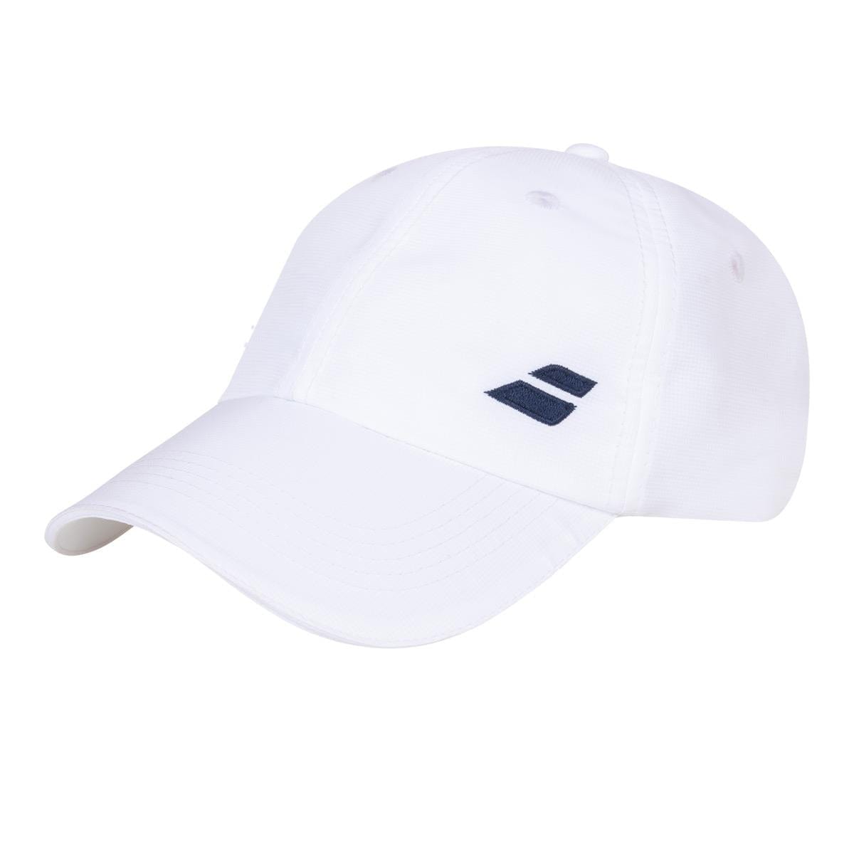 The Babolat Basic Logo Cap - White, from the brand Babolat, is a white baseball cap designed with a small black logo on the side. Crafted from polyester, it efficiently absorbs sweat to help keep you cool. The cap features a curved brim and visible stitching, with its distinctive logo consisting of two slightly slanted stacked bars.