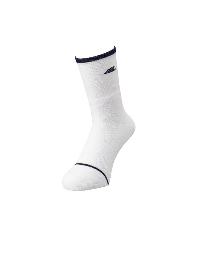 The Yonex 19229YX Lee Chong Wei LCW Sock in white displays a single crew sock with dark navy trim on both the cuff and toe, along with a small logo near the top. This product is part of the Yonex LCW series inspired by Lee Chong Wei and is presented against a plain white background.