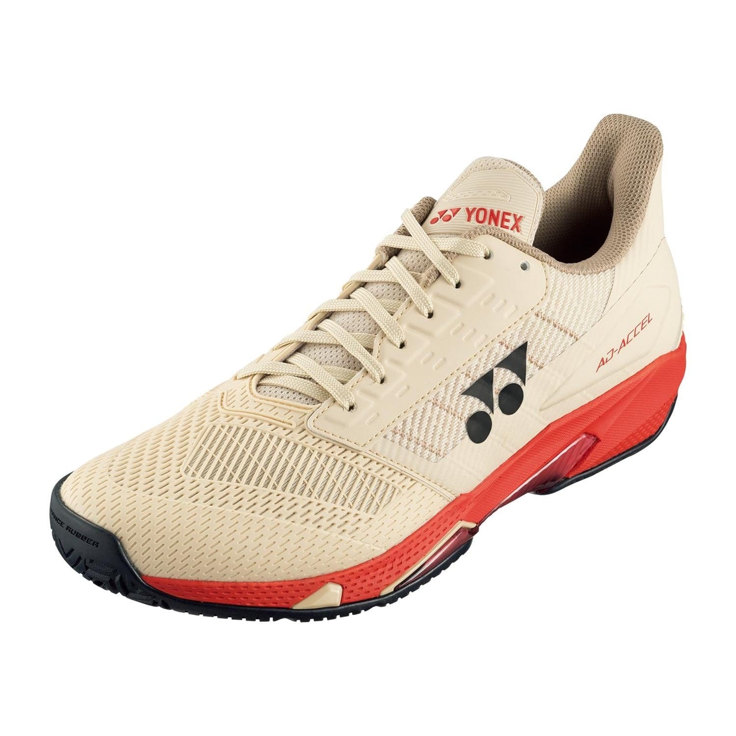 The Yonex Power Cushion Ad-Accel Men's Tennis Shoes in Sand Beige feature Accel-Booster technology for better foot responsiveness, a breathable mesh design, Yonex logos on the side and tongue, and a striking red midsole with black sole accents.
