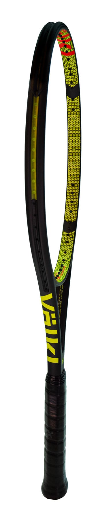 The Volkl V-Cell 10 320g Tennis Racket - Black / Yellow (Frame Only) showcases a modern aesthetic with its sleek black frame complemented by vibrant yellow accents. Constructed from advanced carbon material, it features a handle wrapped in black grip tape and a head design highlighted with stylish yellow and red touches, making it an ideal choice for serious players.
