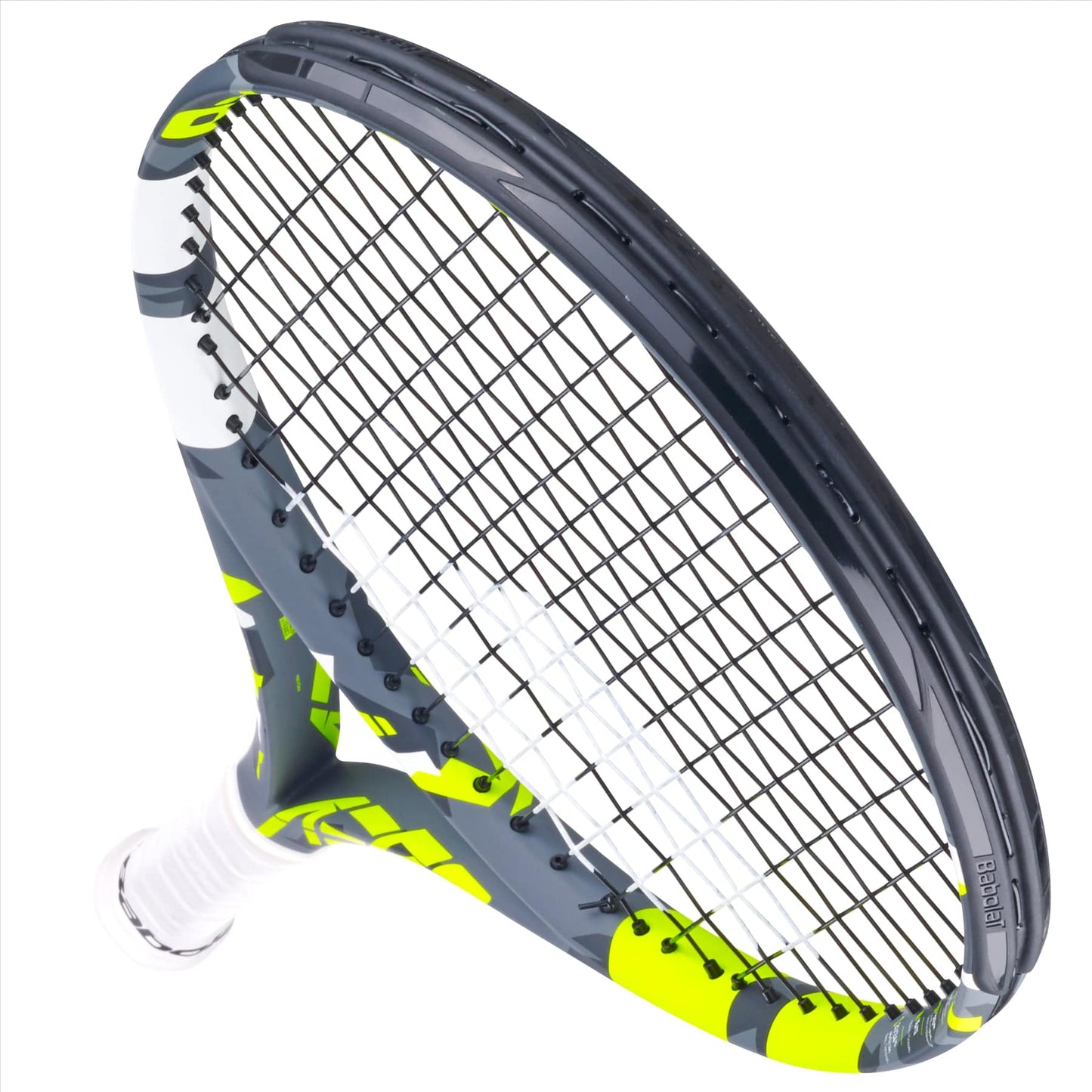 A close-up of the Babolat Aero Junior 25 Tennis Racket (Strung) highlights its grey and yellow design. The strings are tightly woven, and the handle is wrapped in white grip tape. The brand name "Babolat" is prominently visible on the frame, making it ideal for young players seeking quality junior rackets.
