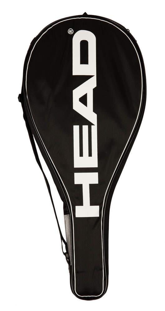The HEAD Full Size Tennis Cover Bag is a stylish black cover adorned with the "HEAD" brand name in bold white letters. It is designed to perfectly fit your racket and features a convenient side zipper along with an adjustable shoulder strap, allowing for easy carrying and optimal protection both on and off the court.