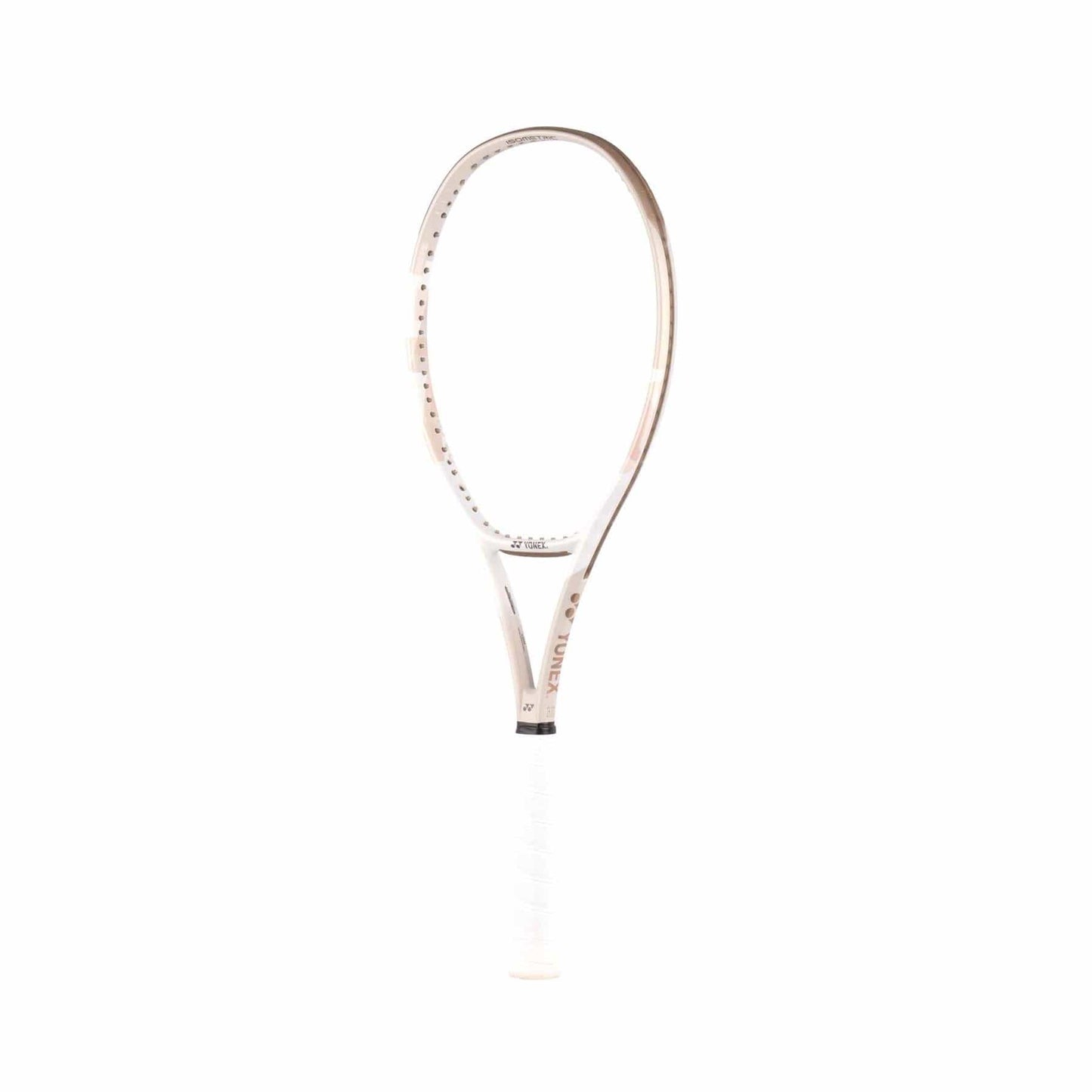 A sand beige Yonex VCORE 98L tennis racket is presented against a white backdrop. This racket showcases a minimalistic design with an open string bed and sleek frame, echoing the innovative style of VCORE rackets.