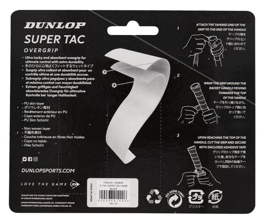 Packaging for the Dunlop Super Tac Tennis Overgrip - 3 Pack - Black includes step-by-step instructions and images demonstrating how to apply the grip to a racket handle. The packaging emphasizes its sticky surface and excellent sweat absorption, prominently featuring a black grip strip in the center.