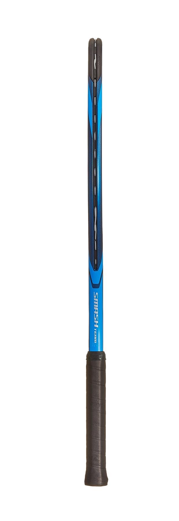 The Yonex Smash Team Tennis Racket - Deep Blue is displayed vertically, showcasing a blue and black color scheme and featuring ISOMETRIC™ technology to elevate your game. The neck is decorated with diagonal lines and the word "Smash," while a comfortable black textured grip finalizes this striking racket.