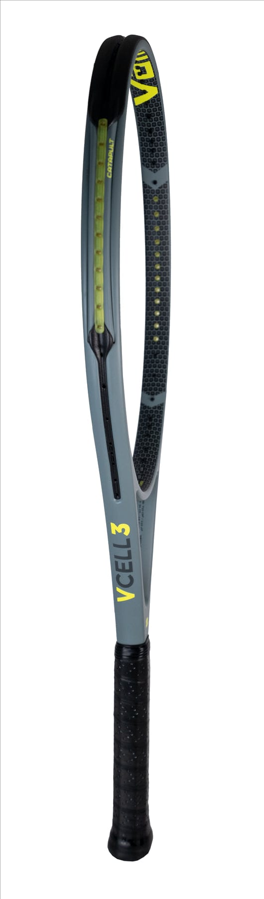 A grey and yellow Volkl V-Cell 3 tennis racket is displayed against a white background. Known for its lightweight and maneuverability, the racket features a gripped handle with the "Volkl" brand name visible on the frame, embodying power and control in every swing.