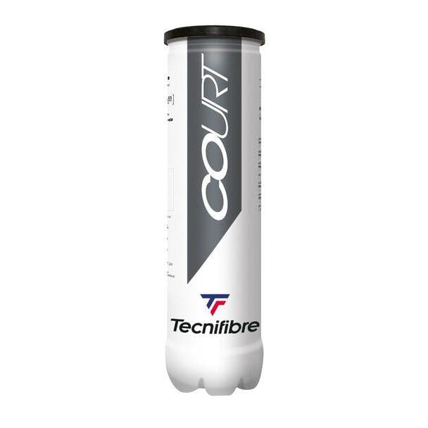 A white cylindrical canister labeled "Tecnifibre Court Tennis Balls - 4 Ball Tube," designed for holding competition-quality tennis balls. The canister is adorned with a gray diagonal stripe to accentuate its sleek design and prominently displays the durable Tecnifibre logo in blue and red near the bottom.