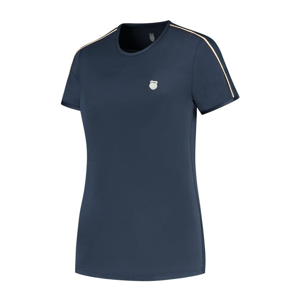 This K-Swiss Hypercourt Crew Tee 3 women's tennis t-shirt in peacoat is a performance sportswear piece featuring short sleeves and a small logo on the left chest. White stripes along the shoulders contribute to its stylish design, making it an athletic essential.