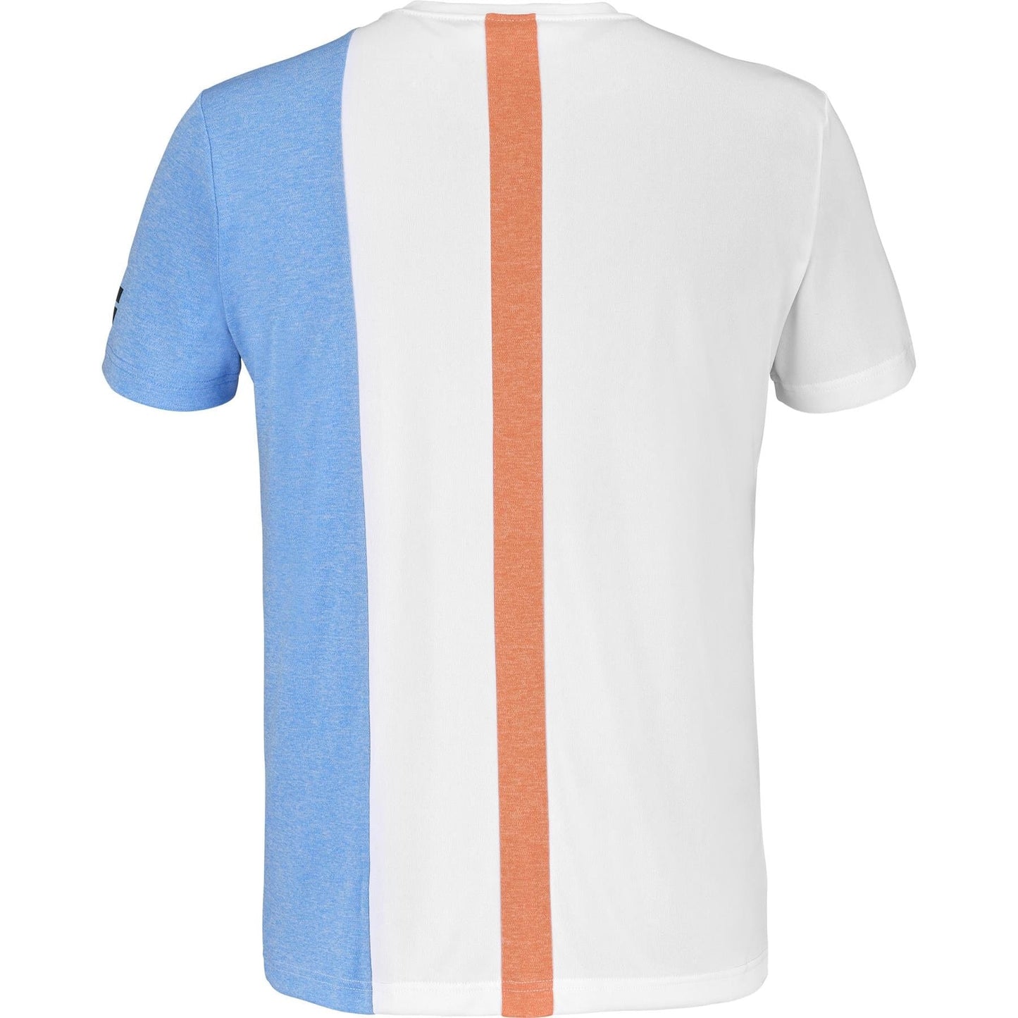 Back view of the Babolat Play Crew Men's Tennis T-Shirt in White/Blue Heather, featuring a vertical tricolor design with light blue on the left, white on the right, and an orange stripe down the middle. Made from soft recycled polyester for comfort, perfect for any Babolat Play session.