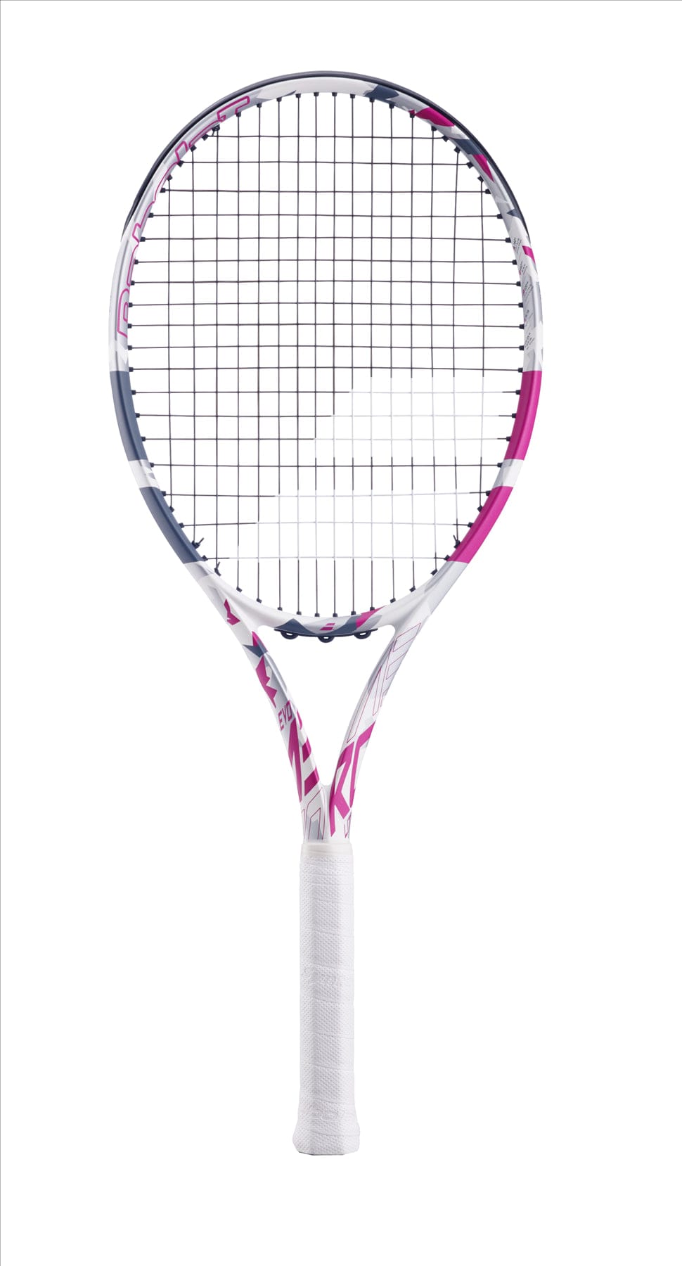 The Babolat Evo Aero Lite Tennis Racket in pink features a stylish white and pink frame complemented by a black string pattern, engineered for power and comfort. The handle is wrapped in white grip tape, ensuring superior spin potential. Displayed vertically against a plain white background, it radiates elegance and performance.