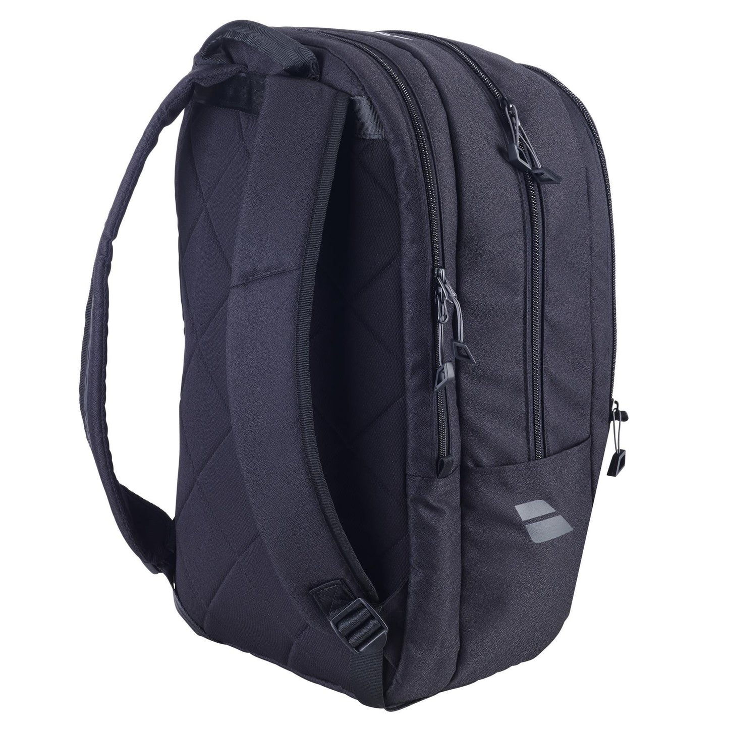 The Babolat Court Hero Tennis Backpack in black boasts a modern design with spacious compartments. Crafted from recycled PET, it features adjustable padded shoulder straps and multiple zippered sections, making it durable and weather-resistant for any adventure.