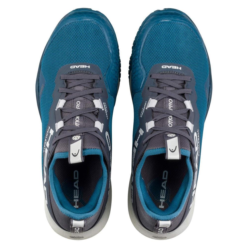 Top view of HEAD Motion Pro Mens Pickleball Shoes (TBWH) in blue and gray with white laces, breathable mesh, and HEAD branding visible on the tongues and sides.