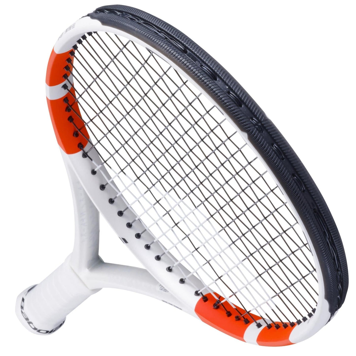 Close-up of a Babolat Pure Strike Team Gen4 Tennis Racket, showcasing its white, red, and black frame with black strings. It features Control Technology and a handle wrapped in white grip tape. Positioned against a white background, the racket is angled to highlight its sleek design.