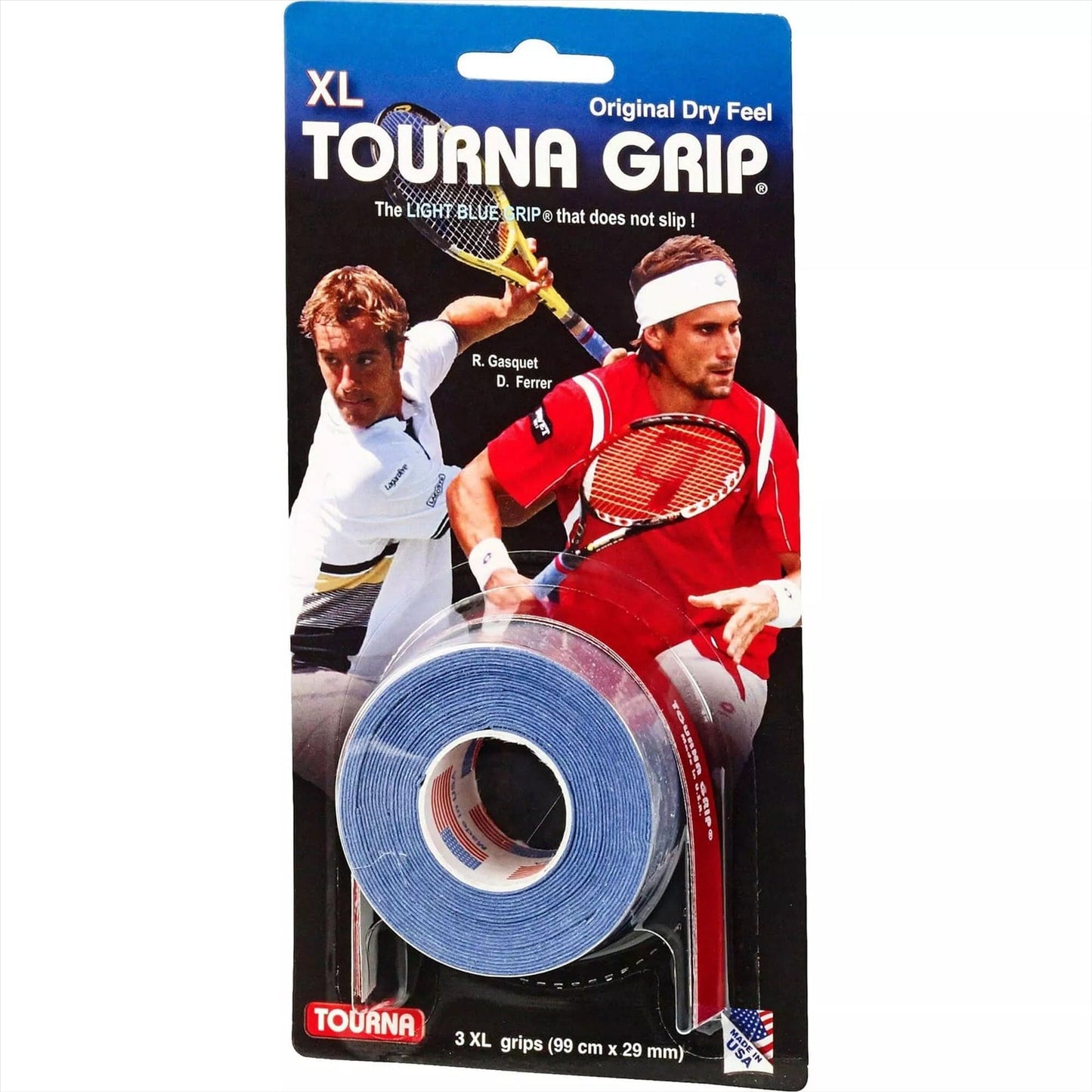 Tourna Grip XL Tennis Overgrip (3 Pack) by Tourna features two male players in action on its packaging and includes three blue, sweat-absorbing grips (99 cm x 29 mm), ideal for a dry feel as a tennis racket wrap.