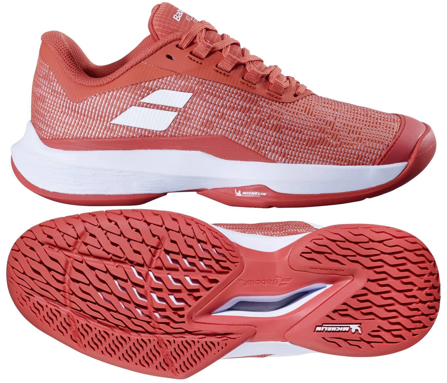 The Babolat Jet Tere 2 Women's Tennis Shoes in terra cotta feature breathable mesh uppers, white logo accents, cushioned midsoles, and textured rubber outsoles for comfort and stability. Shown from a side and sole view.