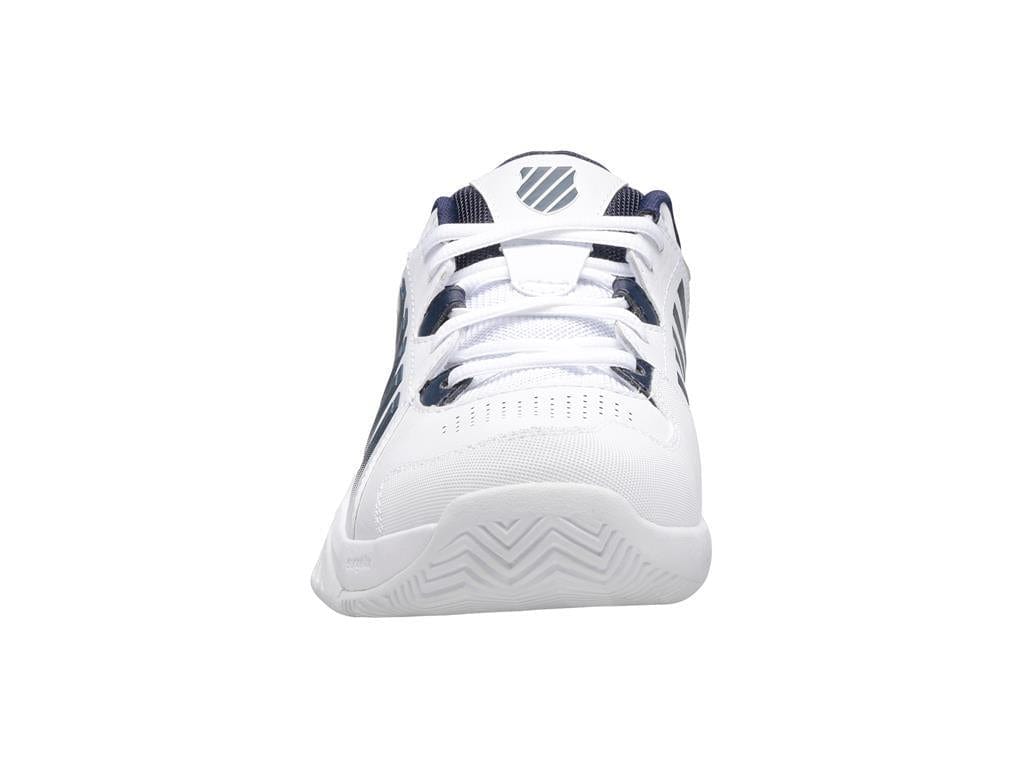 Front view of the K-Swiss Receiver V Men's Tennis Shoes in white with peacoat and silver accents, featuring a textured rubber sole. Designed for performance, these shoes offer cushioning for added comfort, a logo on the tongue, and white laces.