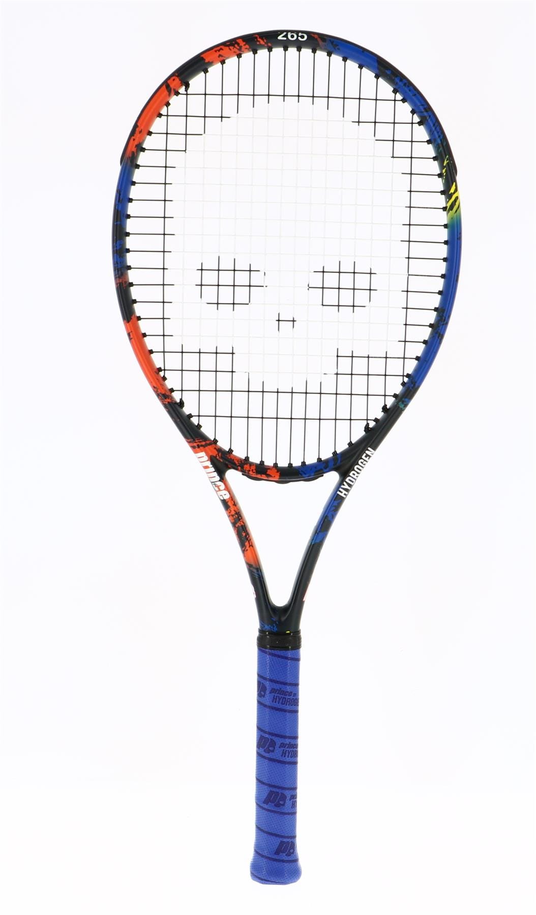 The Prince Beast Hydrogen Random 265g Tennis Racket, developed by Prince, showcases Textreme X Technology. Its design includes a sleek black frame with a striking blue grip and strings patterned like a face. The addition of red and yellow accents enhances its visual appeal as it stands upright against a plain white background.