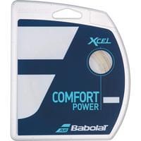 The image displays a package of Babolat XCEL Tennis String (12m) - Natural, featuring a mainly blue and white design with "Comfort Power" highlighted alongside the brand name "Babolat.