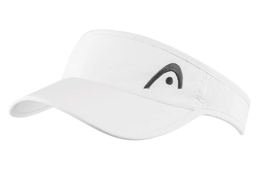 The HEAD Pro Player Women's Tennis Visor in white by HEAD includes a curved brim, black logo on the side, UV protection, and an adjustable Velcro strap for a customized fit.