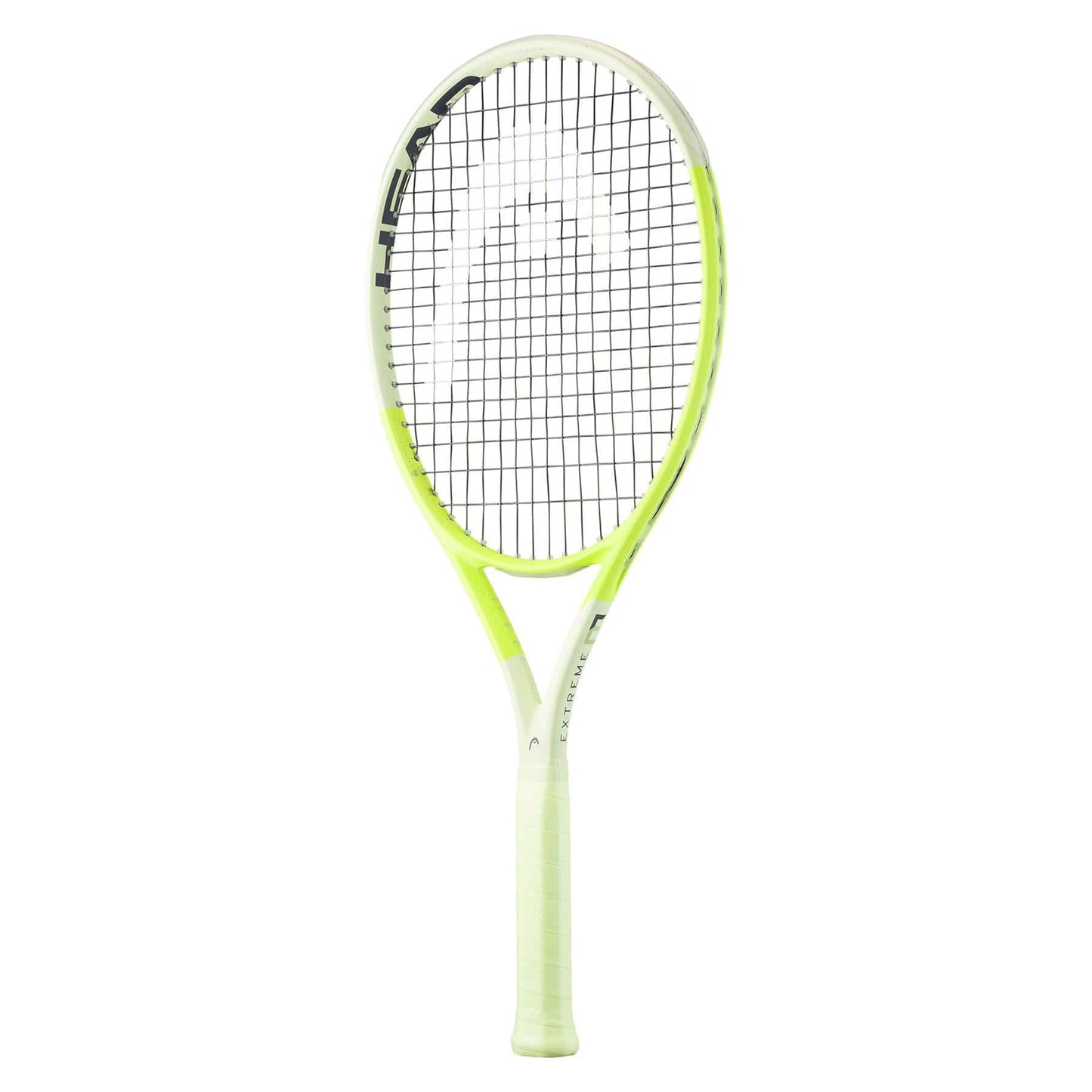 The HEAD Extreme Team 2024 Tennis Racket features a striking green frame with black strings and a sleek white grip handle. Spin grommets optimize each swing, while the Auxetic 2.0 technology guarantees exceptional performance. The brand HEAD is prominently displayed against a white background in a vertical orientation.