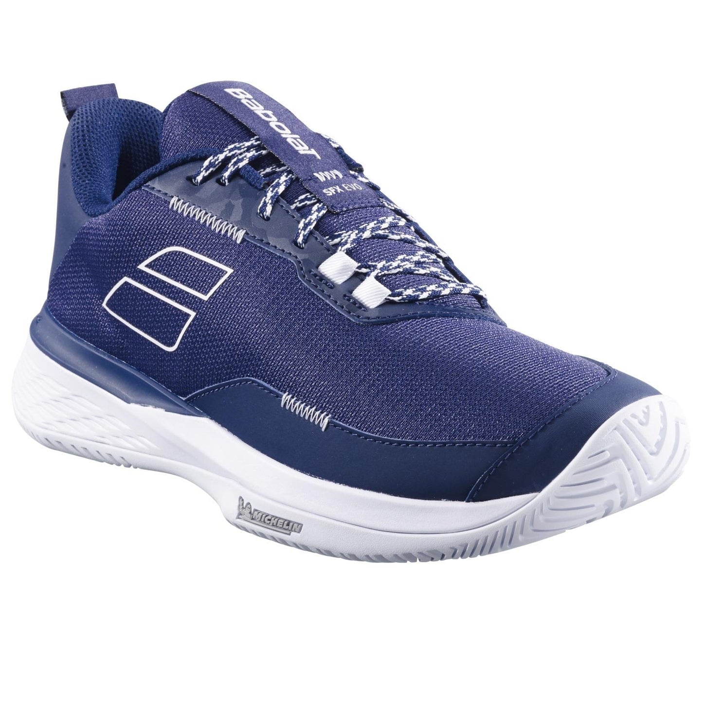 The Babolat SFX EVO All Court 2025 Men's Tennis Shoes in dark blue and white feature a white sole, patterned laces, geometric accents, and branding on the tongue and heel, offering sleek design and unparalleled comfort with every stride.