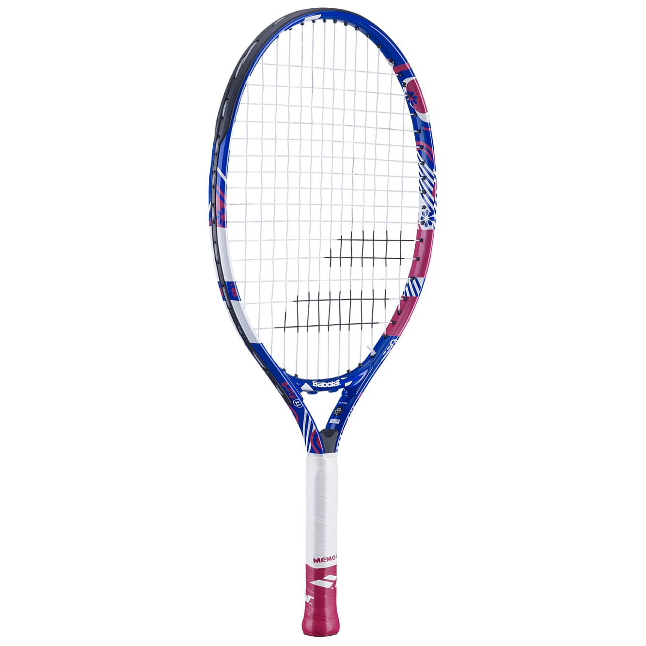 The Babolat B-Fly 21 Junior Tennis Racket by Babolat showcases a vibrant design with its purple and pink frame. The grip is mainly white, accented with a touch of red at the base. Ideally designed for young players, it features the standard crisscross string pattern typical in children's tennis rackets.