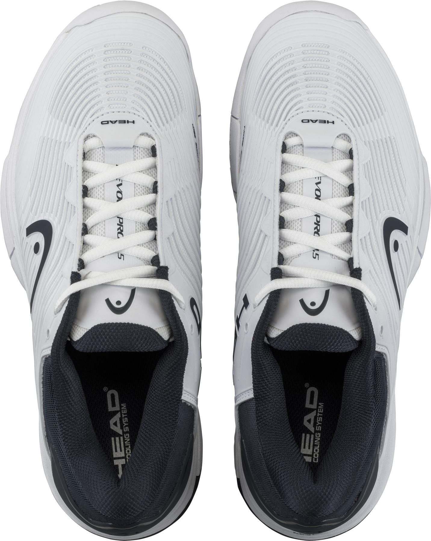 Introducing the HEAD Revolt Pro 4.5 Men's Tennis Shoes in White and Blueberry, this latest release sports sleek black accents and proudly displays the iconic HEAD logo on both the tongue and sole. The shoes feature stylish textured lines for added visual depth, white laces, and a Lockdown Strap ensuring a secure fit.