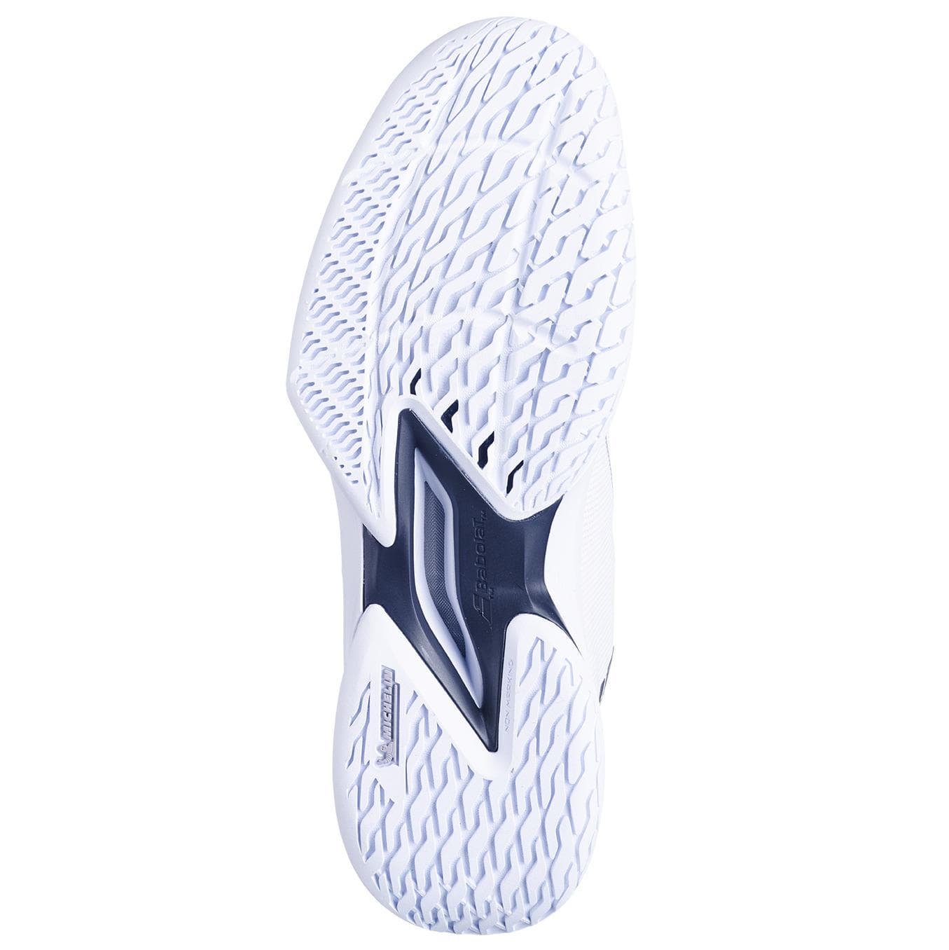 The image highlights the sole of a Babolat Jet Tere 2 2024 Men's Tennis Shoe in White/Strike Red, an exceptionally lightweight tennis shoe. It boasts a textured, patterned design to enhance comfort and stability, featuring various grooves along with a central black section displaying the branding.