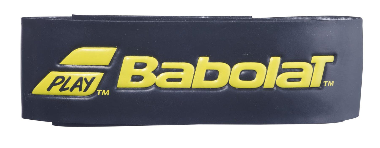 A black wristband showcasing the yellow "Babolat" logo and the word "Play" in a subtle font, ideal for individuals seeking a blend of style and functionality on the professional circuit. For improved performance, pair it with the Babolat Syntec Pro X1 Replacement Tennis Grip in Black/Yellow.