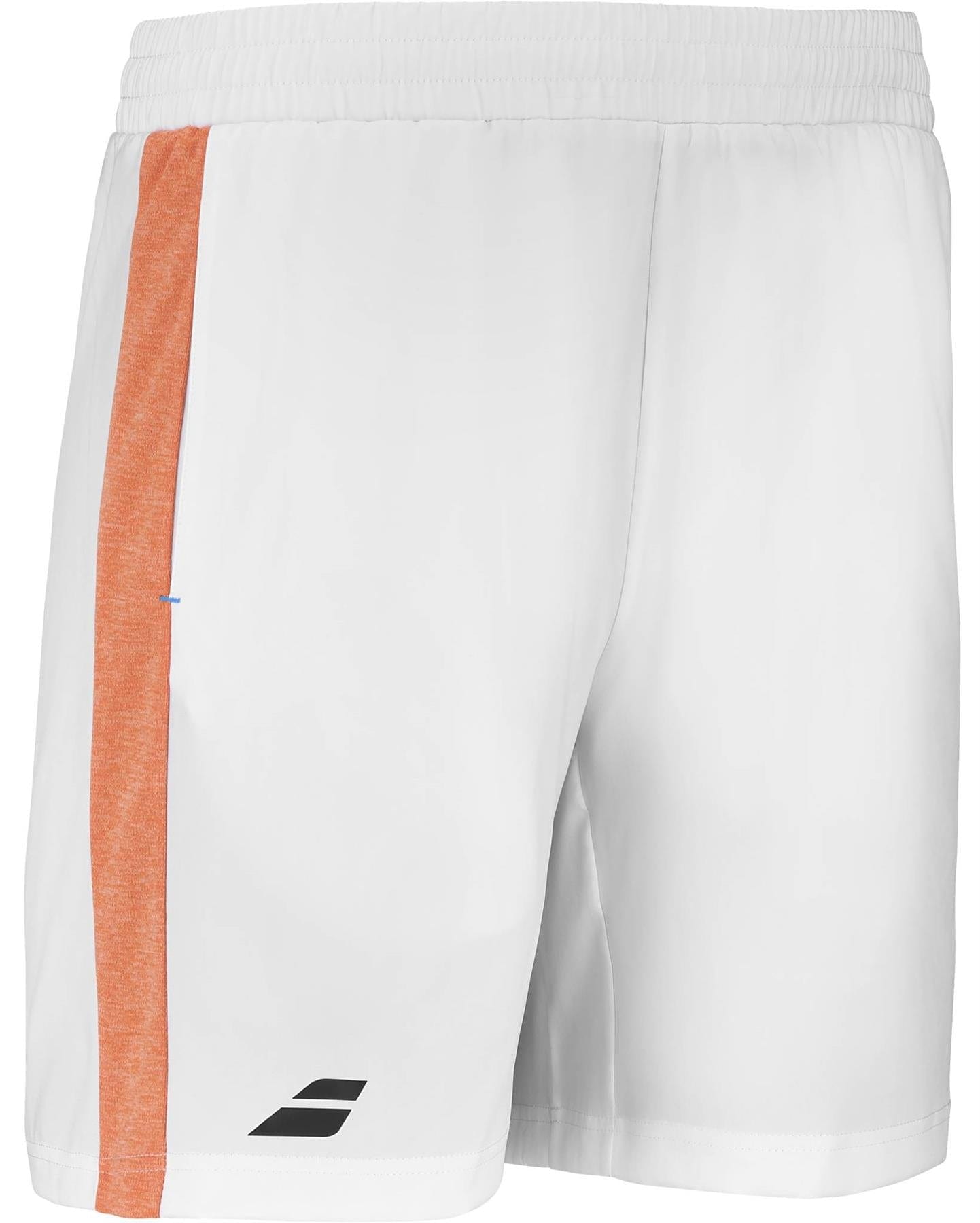 The Babolat Play Mens Tennis Shorts - White / White feature a vertical orange stripe and black logo, are made from recycled polyester, and have an elastic waistband for a secure fit.