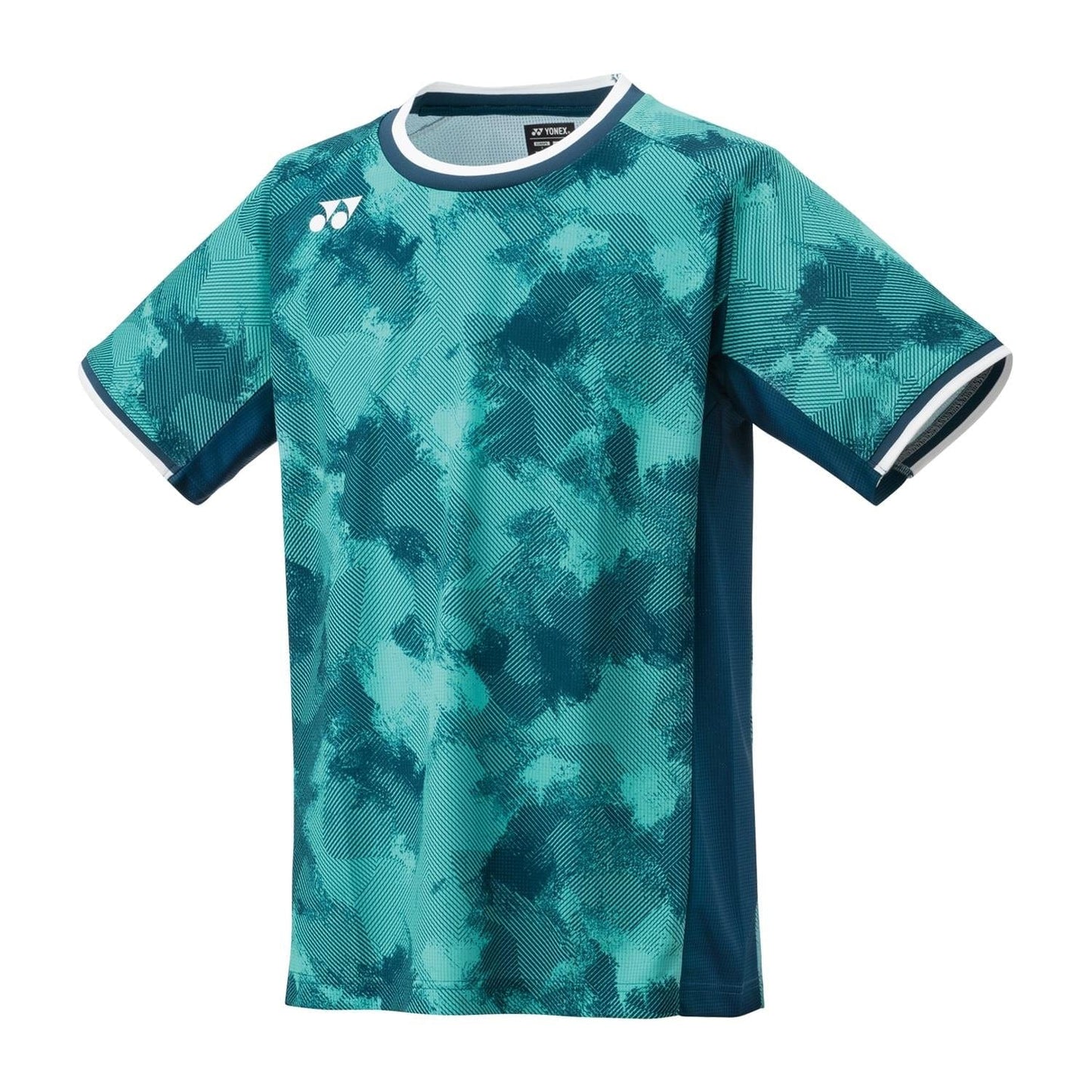 The Yonex 10575 Crew Neck Men's Tennis T-Shirt - Night Sky features a blue and teal abstract pattern with a crew neck accented by white trim, along with a small white Yonex logo on the upper left chest. It incorporates Air Release technology to enhance breathability, highlighted by darker blue sides and sleeves that add contrast to the design.
