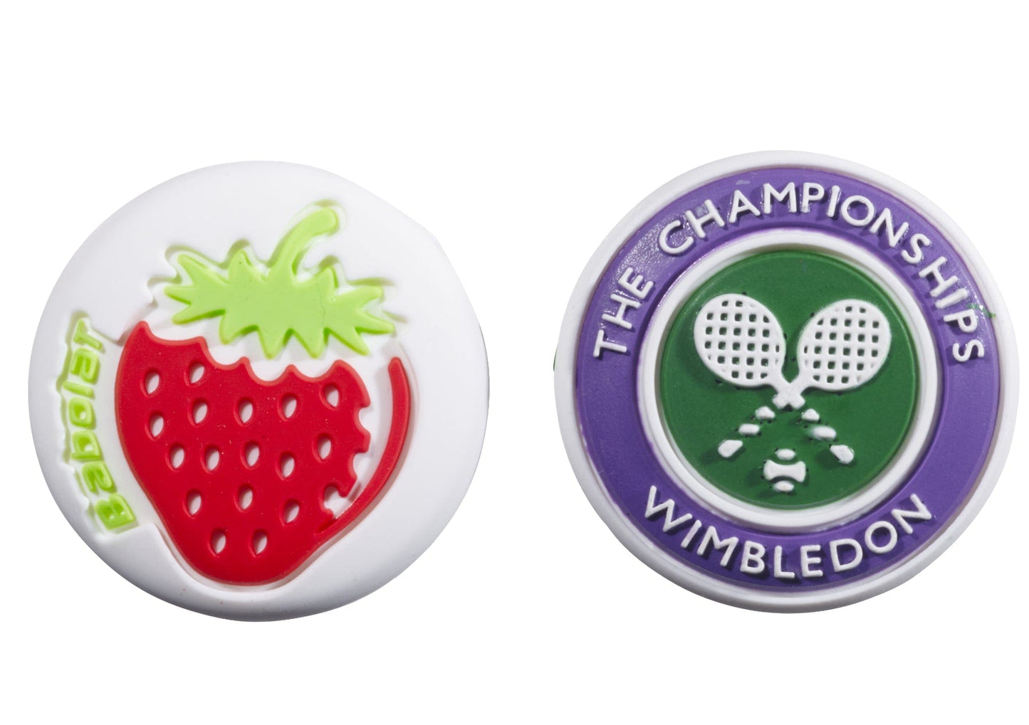 Two circular Babolat Wimbledon Damp X2 Tennis Dampeners: one showcasing a vibrant red strawberry with green leaves, and the other adorned with the iconic "The Championships Wimbledon" text and crossed rackets logo on a purple backdrop. An ideal addition to any Babolat tennis accessories collection.