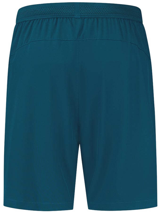 A pair of blue opal men's tennis shorts with a mesh waistband displayed from the back. The fabric is smooth, and the design remains simple and plain, reflecting the sleek style of K-Swiss Hypercourt 8 Inch Mens Tennis Shorts, without visible logos or patterns.