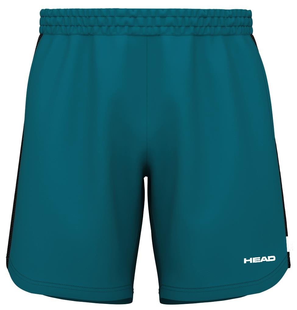 Teal HEAD Power Men's Tennis Shorts feature an elastic waistband, black side panels, and "HEAD" in white on the lower right leg. Sleek design with Moisture Transfer Microfiber technology for comfort.